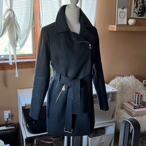 Michael Kors grey women’s belted asymmetrical winter coat with gold detail